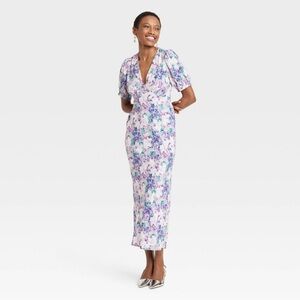 A New Day - Crepe Puff Shoulder Midi Dress - Blue, Teal, Purple, White - Size S